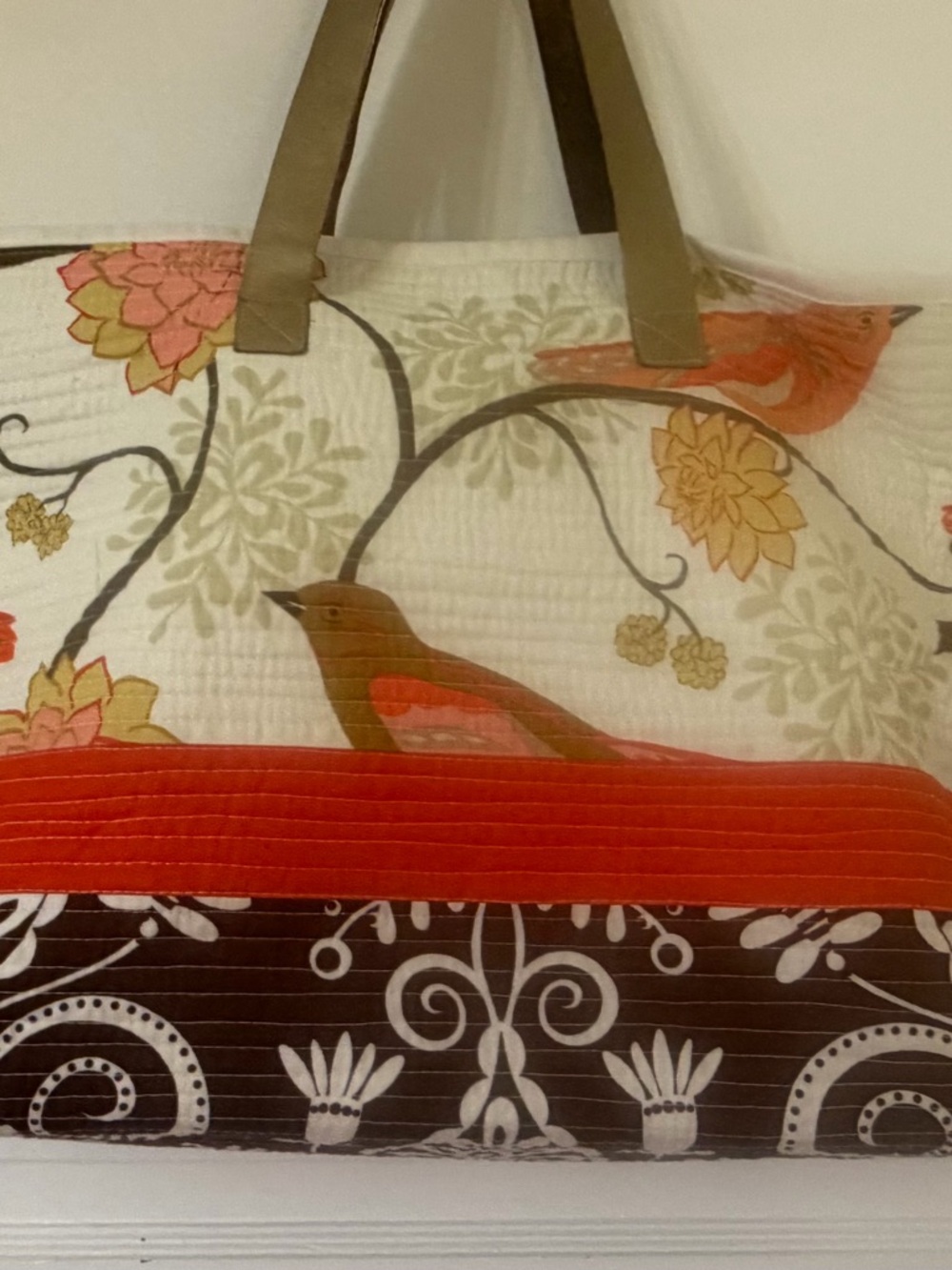 Cream and Orange Bird Print Tote Bag with Tan Handles